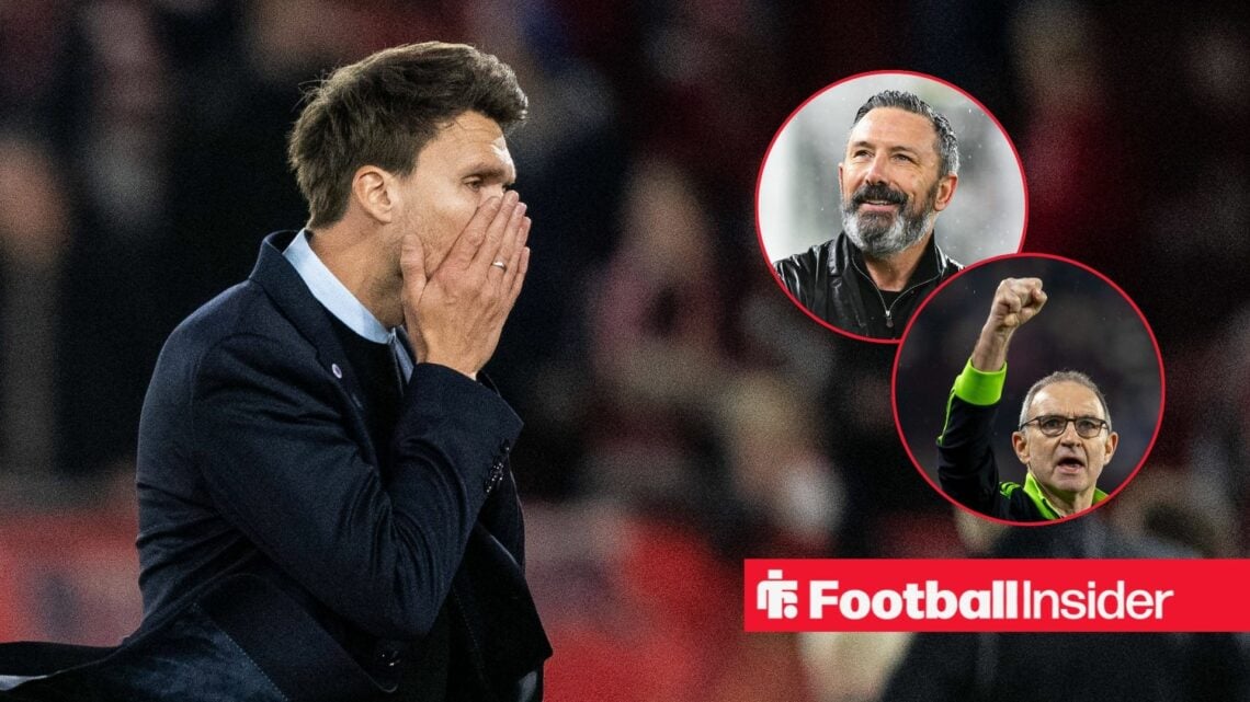 Danny Rohl with head in hands with Derek McInnes and Martin O'Neill in circles