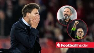 Danny Rohl with head in hands with Derek McInnes and Martin O'Neill in circles