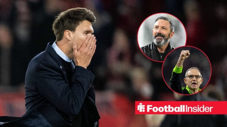 Danny Rohl with head in hands with Derek McInnes and Martin O'Neill in circles