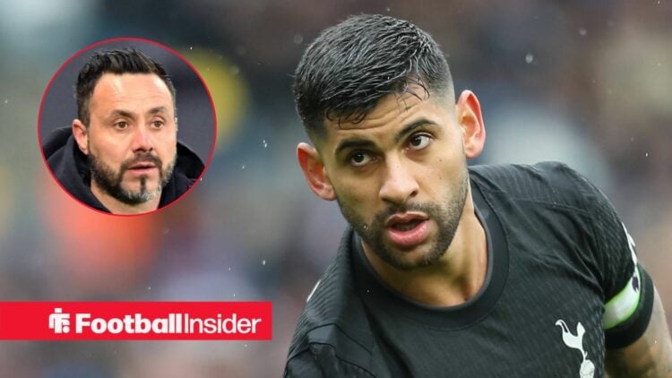 Tottenham defender Cristian Romero with Tottenham manager Roberto De Zerbi inset