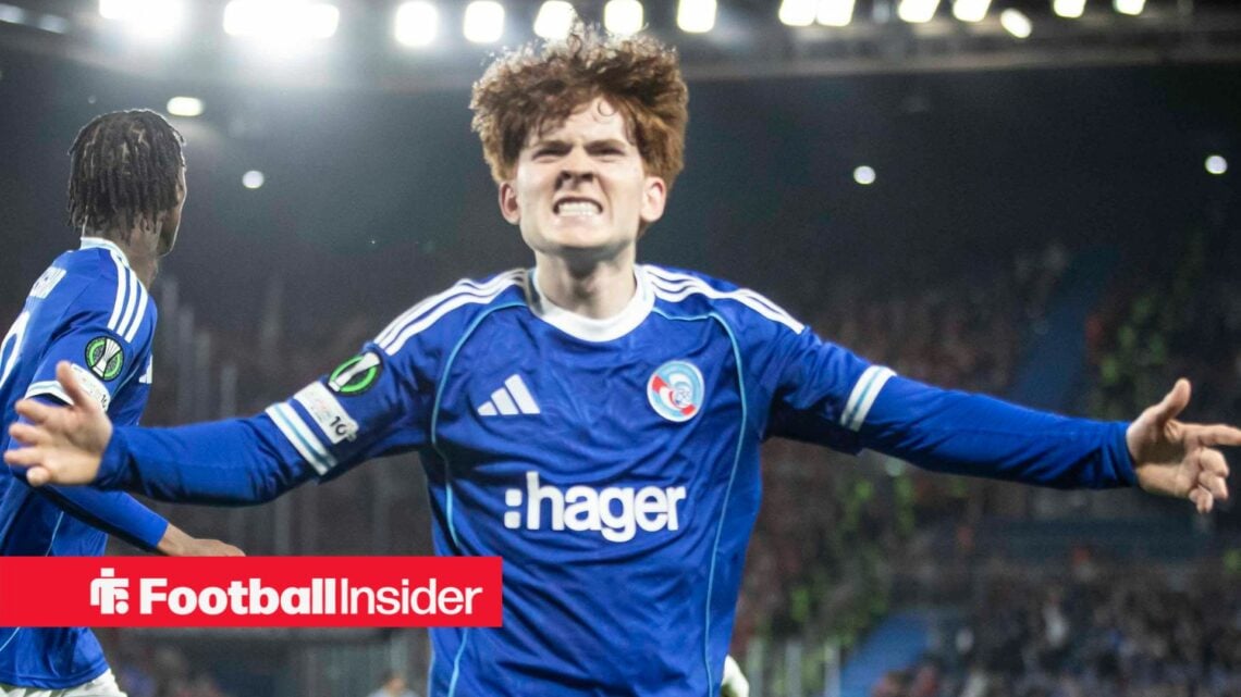 Strasbourg midfielder Valentin Barco celebrates