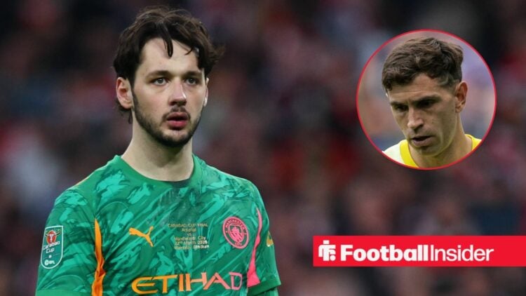 Manchester City goalkeeper James Trafford with Aston Villa goalkeeper Emi Martinez inset