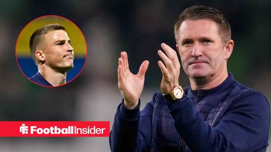 Ferencvaros manager Robbie Keane claps with Franko Kovacevic inset