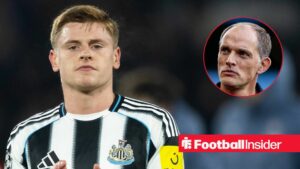 Newcastle United forward Harvey Barnes claps with England manager Thomas Tuchel inset