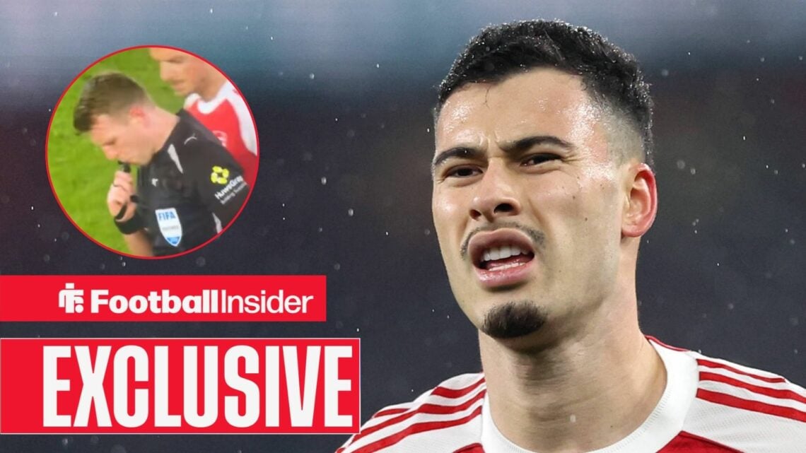 Arsenal winger Gabriel Martinelli with referee Sam Barrott blowing his whistle inset