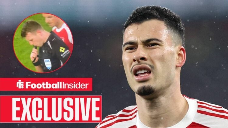 Arsenal winger Gabriel Martinelli with referee Sam Barrott blowing his whistle inset