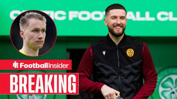 Motherwell goalkeeper Calum Ward smiles with Celtic goalkeeper Viljami Sinisalo inset