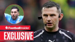 Premier League referee Michael Oliver with Man City midfielder Rayan Cherki inset