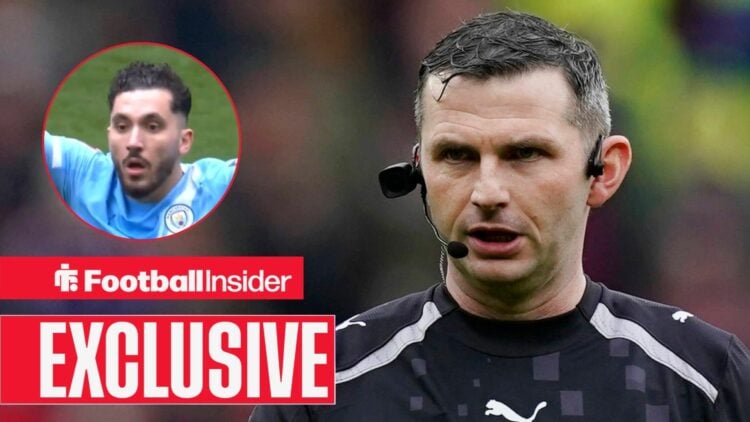 Premier League referee Michael Oliver with Man City midfielder Rayan Cherki inset