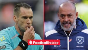 West Ham manager Nuno Espirito Santo with referee Jarred Gillett