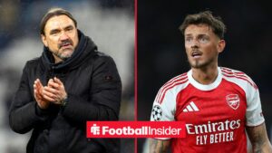 Leeds United manager Daniel Farke claps with Arsenal defender Ben White