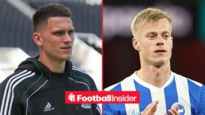 Newcastle United defender Sven Botman with Brighton centre-back Jan Paul van Hecke