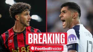 Bournemouth defender Marco Senesi with Tottenham centre-back Cristian Romero shouts