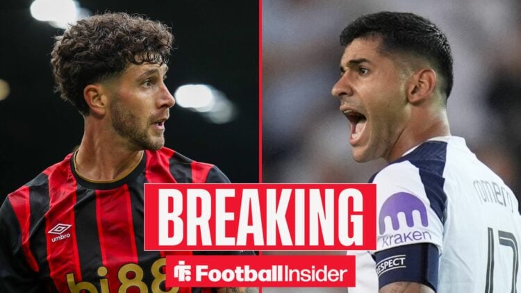 Bournemouth defender Marco Senesi with Tottenham centre-back Cristian Romero shouts