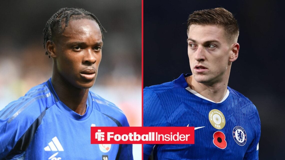 Chelsea striker Liam Delap with Strasbourg striker Emanuel Emegha