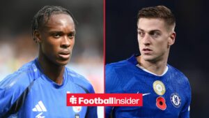 Chelsea striker Liam Delap with Strasbourg striker Emanuel Emegha