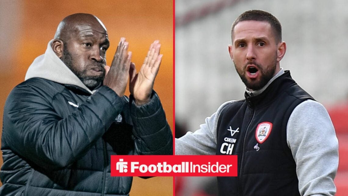 Former Port Vale manager Darren Moore claps with Barnsley manager Conor Hourihane inset