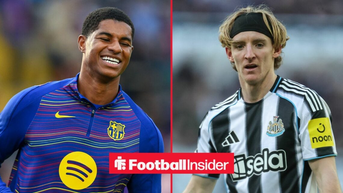Barcelona winger Marcus Rashford grins with Newcastle United winger Anthony Gordon