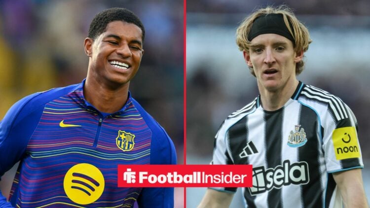 Barcelona winger Marcus Rashford grins with Newcastle United winger Anthony Gordon