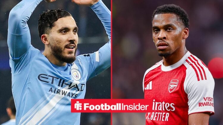 Man City midfielder Rayan Cherki celebrates with Arsenal defender Jurrien Timber inset