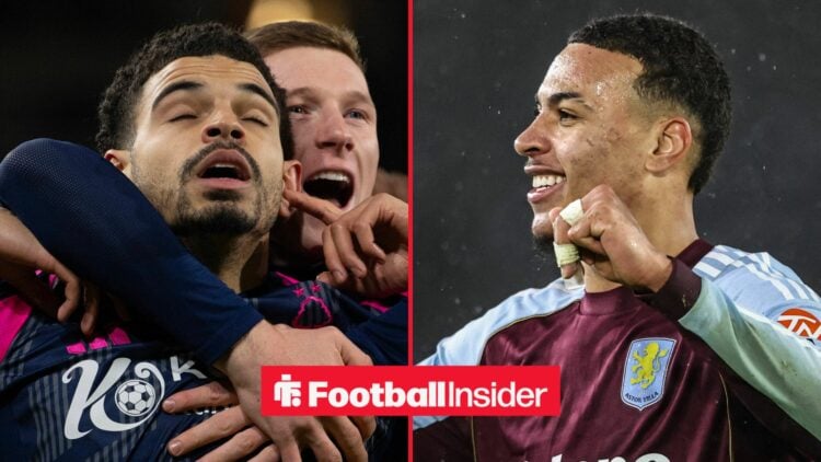 Nottingham Forest captain Morgan Gibbs-White celebrates with Villa midfielder Morgan Rogers