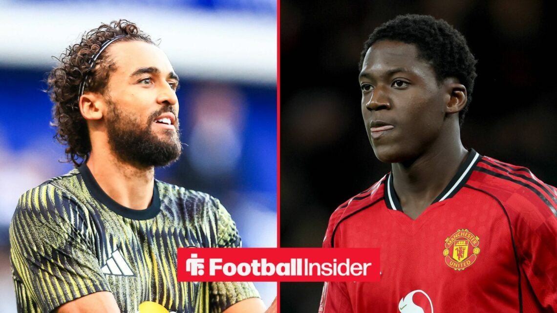 Leeds striker Dominic Calvert-Lewin with Man United midfielder Kobbie Mainoo