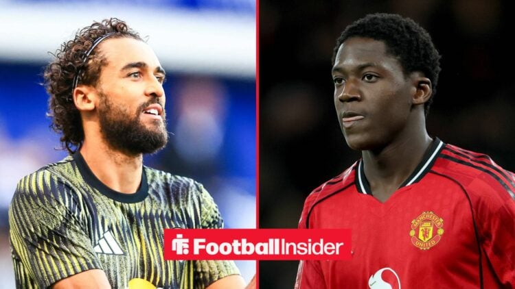 Leeds striker Dominic Calvert-Lewin with Man United midfielder Kobbie Mainoo