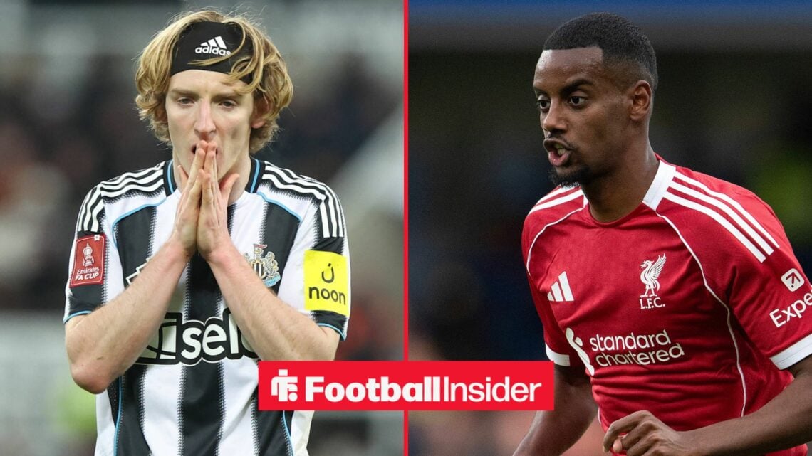 Newcastle United forward Anthony Gordon with Liverpool striker Alexander Isak