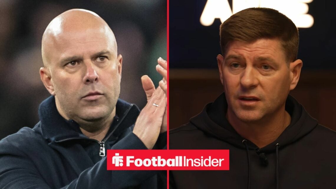 Liverpool manager Arne Slot claps with Steven Gerrard