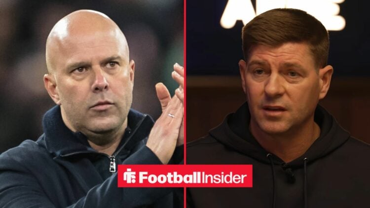 Liverpool manager Arne Slot claps with Steven Gerrard