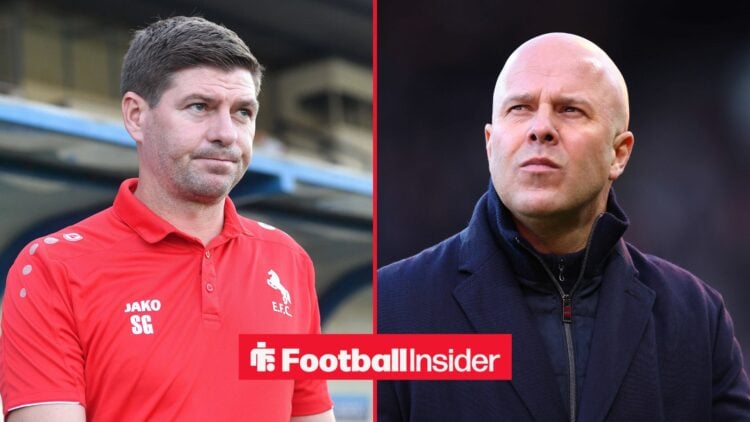 Steven Gerrard looking at Arne Slot on right