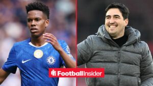 Chelsea winger Estevao with Bournemouth manager Andoni Iraola smiles