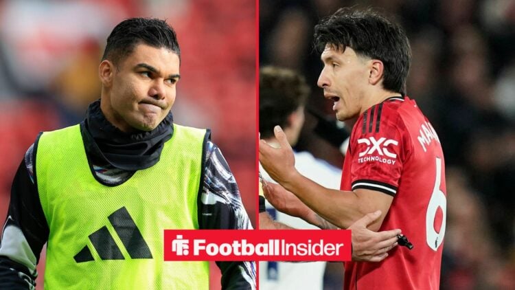 Casemiro on left looking at Lisandro Martinez on right