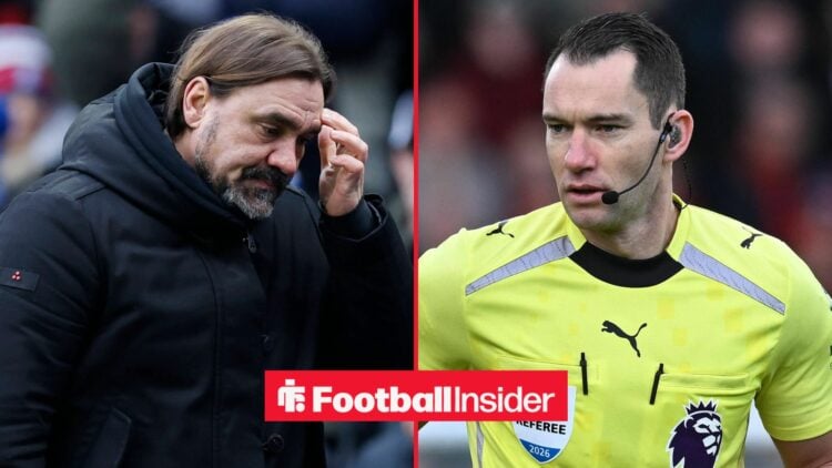 Leeds United manager Daniel Farke looks concerned with Premier League referee Jarred Gillett inset