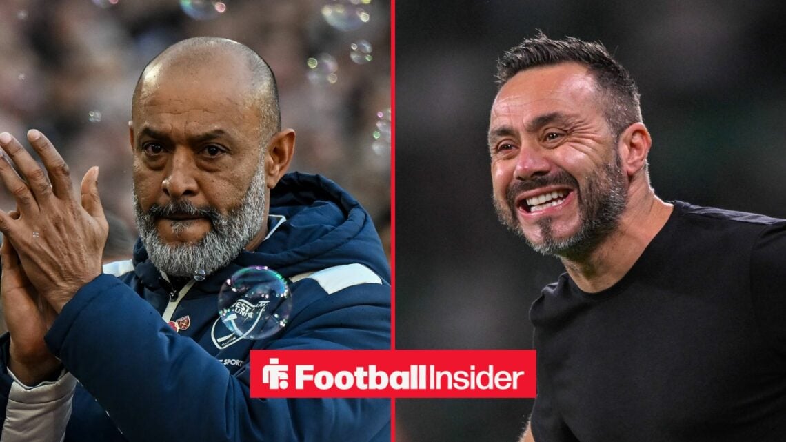 West Ham manager Nuno Espirito Santo claps with Tottenham manager Roberto De Zerbi smiles