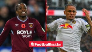 West Ham United right-back Kyle Walker-Peters smiles with Leeds United winger Noah Okafor celebrates