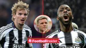 Newcastle strikers Nick Woltemade and Yoane Wissa with Eddie Howe claps inset