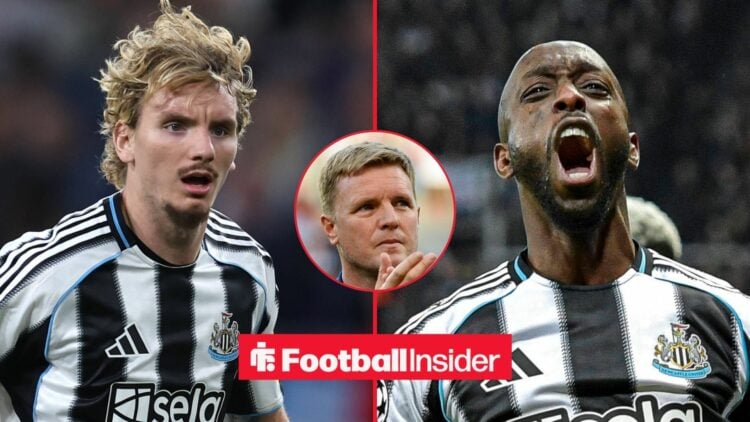 Newcastle strikers Nick Woltemade and Yoane Wissa with Eddie Howe claps inset