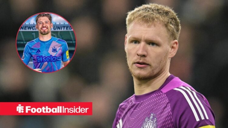 Aaron Ramsdale of Newcastle United plays during the UEFA Champions League Knockout Play-off Second Leg match between Newcastle United and Qarabag F...