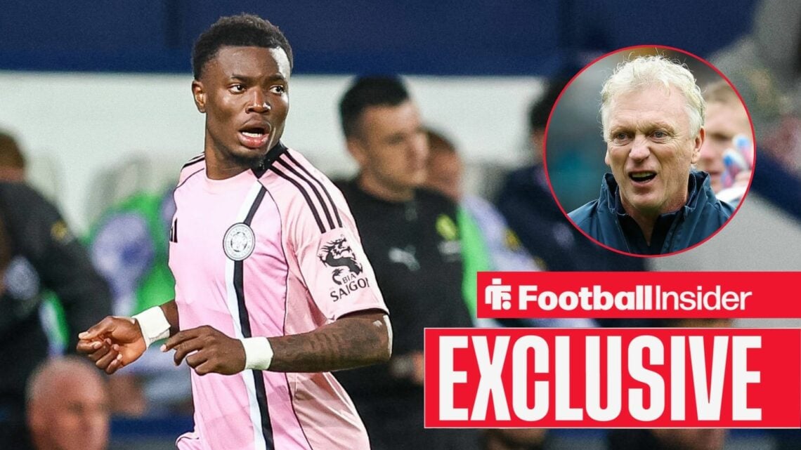 Football Insider exclusive as Abdul Fatawu is in action during a game for Leicester, while Everton manager David Moyes looks defiant in a circular ...
