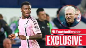 Football Insider exclusive as Abdul Fatawu is in action during a game for Leicester, while Everton manager David Moyes looks defiant in a circular inset.