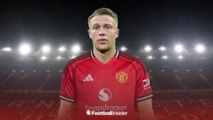 Bournemouth defender Adrien Truffert stands at Old Trafford wearing a Manchester United shirt.