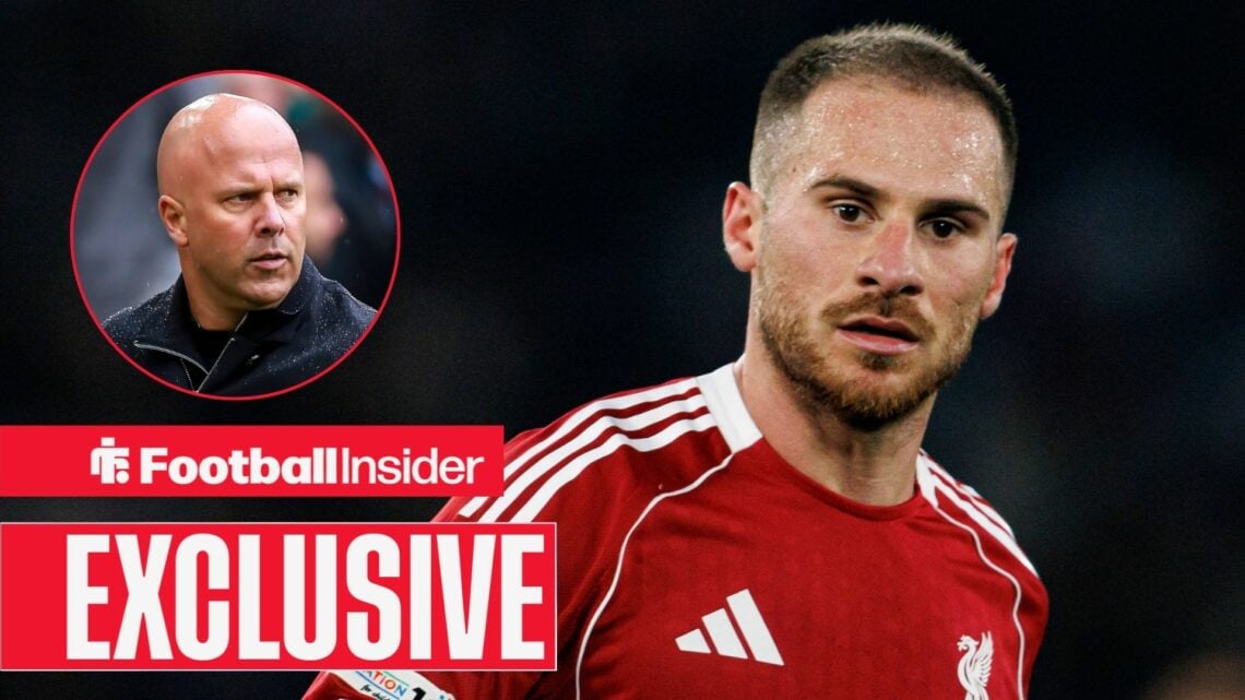 Football Insider exclusive as Alexis Mac Allister looks concerned during a game for Liverpool, while manager Arne Slot watches from a circular inset.