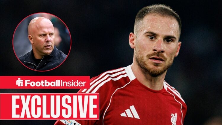 Football Insider exclusive as Alexis Mac Allister looks concerned during a game for Liverpool, while manager Arne Slot watches from a circular inset.