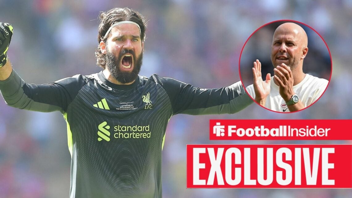 Football Insider exclusive as Liverpool goalkeeper Alisson punches the air after a game, while manager Arne Slot applauds in a circular inset.