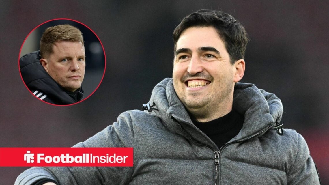 Andoni Iraola on the sidelines at Bournemouth, with Eddie Howe in a circular inset