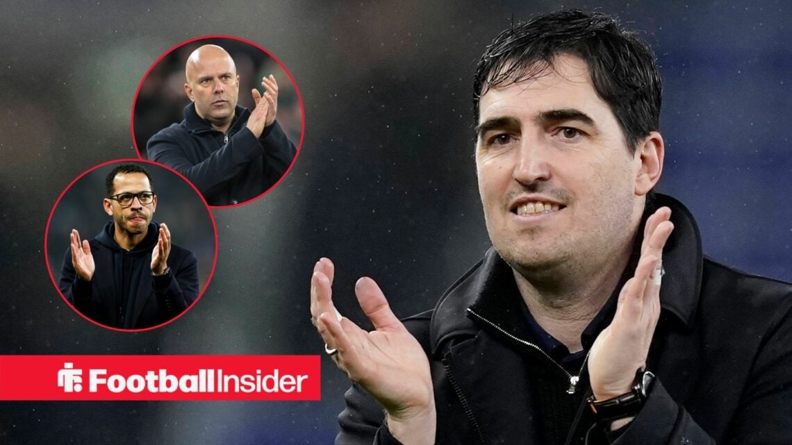 Andoni Iraola manager of Bournemouth enjoys the win during the Everton vs AFC Bournemouth Premier League match at Hill Dickinson Stadium, Liverpool...