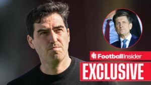 Football Insider exclusive as Bournemouth manager Andoni Iroala glances towards Crystal Palace chairman Steve Parish, who watches from a circular inset.