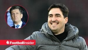 Andoni Iraola on the sidelines at Bournemouth, with Steve Parish in a circular inset