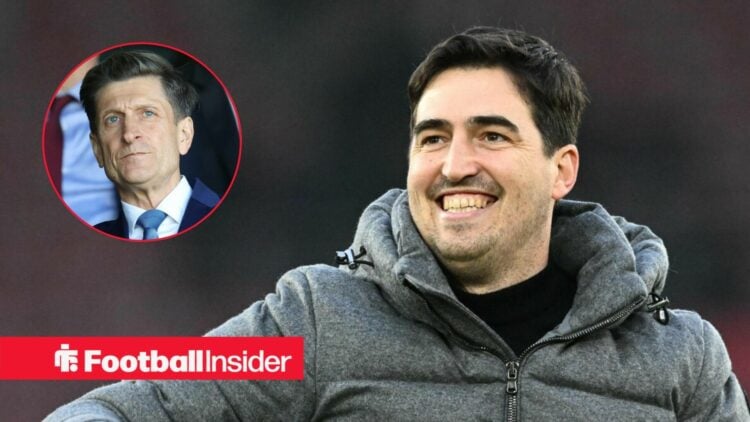 Andoni Iraola on the sidelines at Bournemouth, with Steve Parish in a circular inset